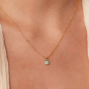 Turquoise Opal Pendant Necklace by Caitlyn Minimalist Dainty Square Charm Necklace on Satellite Chain Opal Jewelry Sister Gift NR161 image 1