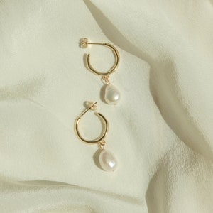 Dangling Pearl Hoops • Pearl Huggie Earrings • Pearl Earrings • Pearl Hoops • Bridesmaids Jewelry • Perfect Gift for Her • ER022