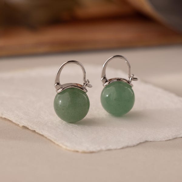 Jade Dome Drop Earrings by Caitlyn Minimalist • Dainty Green Crystal Hoop Earrings in Silver • Jade Gemstone Jewelry • Sister Gift • ER701