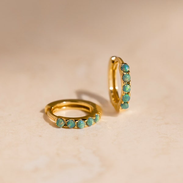 Dainty Green Opal Huggie Hoops by Caitlyn Minimalist • Dainty Green Gemstone Earrings • Cartilage Hoop Earrings • Bridesmaid Gifts • ER378
