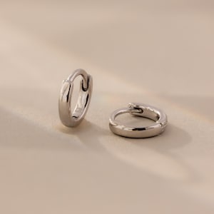 May include: Two silver-colored hoop earrings. The earrings are small, with a rounded shape and a clasp closure. The earrings are displayed on a light beige surface, with soft shadows.