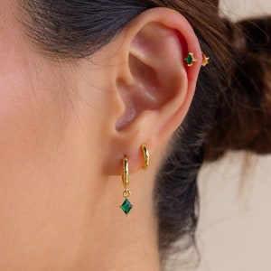 Emerald Charm Earring Set by Caitlyn Minimalist • Dangling Emerald Hoop Earrings • Green Stud Earrings • Mothers Day Gift • ER535