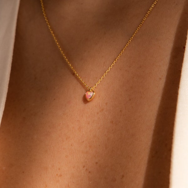 Pink Opal Heart Necklace by Caitlyn Minimalist • Pink Gemstone Charm Necklace • Dainty Opal Jewelry • Perfect Gift for Girlfriend • NR160