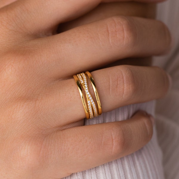 Diamond Twist Ring by Caitlyn Minimalist • Intertwined Statement Ring • Minimal Stacking Ring in Gold • Anniversary Gift • RR081