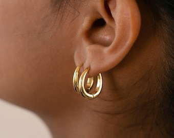 May include: A pair of gold hoop earrings. The earrings are worn in the left ear of a person with dark hair.