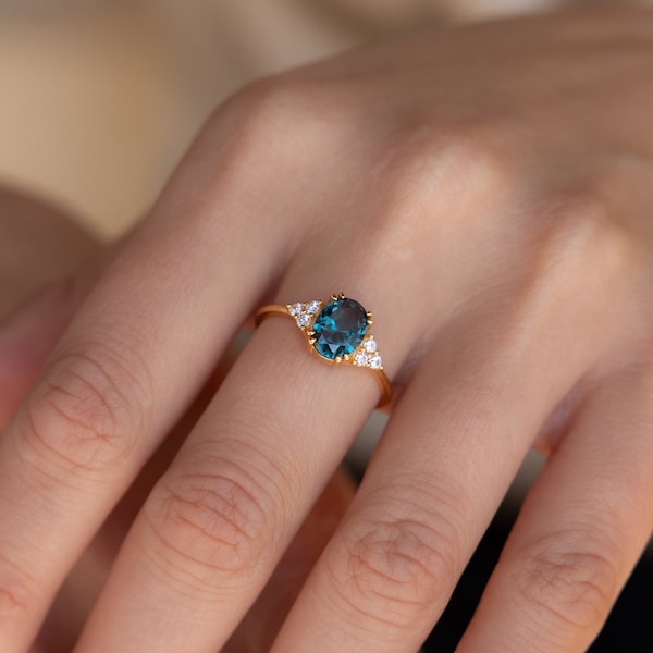 Blue Topaz Diamond Ring by Caitlyn Minimalist • Vintage Inspired Gold Engagement Ring • Diamond Promise Ring • Anniversary Gift • RR105