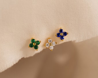 Set of 3: Flower Studs by Caitlyn Minimalist • Flat Back Studs in Sapphire, Diamond & Emerald • Cartilage Earrings • Gift For Her • ER439