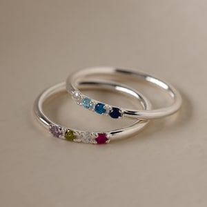 Op de afbeelding: Twee zilveren ringen met een rij kleurrijke edelstenen. Eén ring heeft een reeks paarse, groene, witte en rode stenen. De andere ring heeft blauwe, donkerblauwe en witte stenen. De ringen staan tegen een neutrale achtergrond.