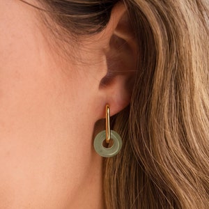 Jade Link Earrings by Caitlyn Minimalist • Geometric Hoop Earrings with Round Jade Gemstone • Statement Jewelry • Girlfriend Gift • ER563