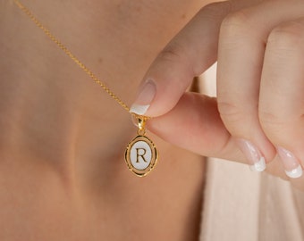 Initial Pendant Necklace by Caitlyn Minimalist • White Enamel & Gold Charm Necklace • Oval Letter Necklace • Birthday Gift for Mom • NR077