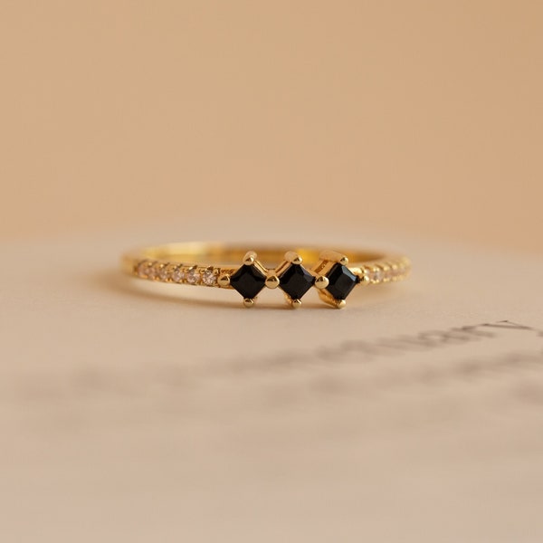 Black Diamond Ring by Caitlyn Minimalist • Vintage Art Deco Jewelry • Dainty Geometric Ring • Minimalist Gold Band • Gift for Wife • RR074