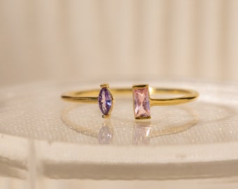 Duo-Geburtssteinring von Caitlyn Minimalistisch • Baguette- und Marquise-Edelsteinring • Handgefertigter Schmuck • Perfektes Geschenk für die beste Freundin • RM95