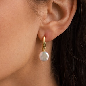 Dangling Pearl Huggie Hoops by Caitlyn Minimalist Dainty Hoop Earrings with Pearl Charm Wedding Jewelry, Bridesmaid Gifts ER348 18K GOLD