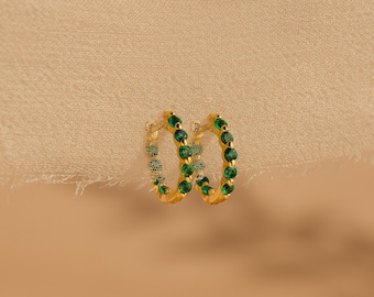 Inside Out Emerald Huggies by Caitlyn Minimalist • Delicate Beaded Earrings • Crystal Hoop Earrings • Emerald Jewelry • Gift for Her • ER482