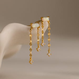 Opal Baguette Chain Drop Earrings by Caitlyn Minimalist • Duo Chain Stud Earrings • ER844