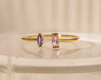 Duo Birthstone Ring by Caitlyn Minimalist • Baguette & Marquise Gemstone Ring • Handmade Jewelry • Anniversary Gift for Her • RM95