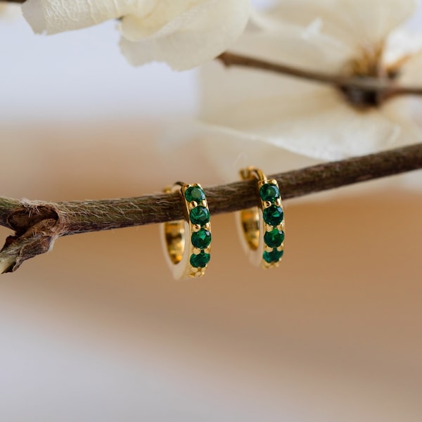 Emerald Huggie Earrings by Caitlyn Minimalist • Dainty Hoop Earrings, Trendy Gemstone Jewelry for Everyday Wear • Friend Gift • ER111