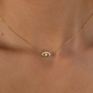 Pave Diamant Evil Eye Charm Halskette Zierliche Kristallhalskette mit Perle von Caitlyn Minimalist Perfektes Geschenk für Sie NR099 18K GOLD