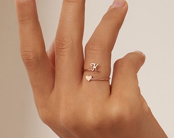 Dainty Initial Heart Ring in Rose Gold, Gold, Sterling Silver • Mothers Ring • Cute Anniversary Gift • Minimalist Initial Ring • RM62F51