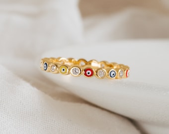 Rainbow Enamel Evil Eye Ring by Caitlyn Minimalist • Boho Stacking Ring with Dainty Diamonds • Mindfulness Gift for Friend • RR053