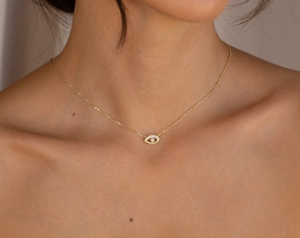 Collier à breloques mauvais œil pavé de diamants • Collier en cristal délicat avec perle par Caitlyn Minimalist • Cadeau parfait pour elle • NR099