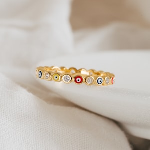 Rainbow Enamel Evil Eye Ring by Caitlyn Minimalist • Boho Stacking Ring with Dainty Diamonds • Best Friend Gift • RR053