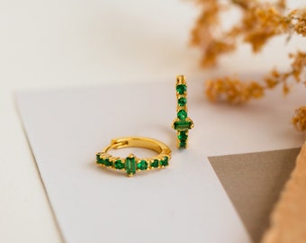 Baguette Emerald Stone Hoops by Caitlyn Minimalist • Green Gemstone Huggie Earrings for Everyday Wear • Best Friend Birthday Gift • ER230