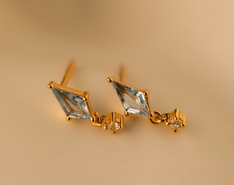 Aquamarine Kite Earrings by Caitlyn Minimalist • Geometric Dangling Charm Earrings • Dainty Diamond Jewelry • Friendship Gift • ER441