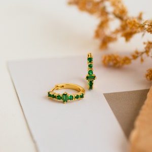 Baguette Emerald Stone Hoops by Caitlyn Minimalist • Green Gemstone Huggie Earrings for Everyday Wear • Best Friend Birthday Gift • ER230