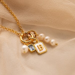 Mother of Pearl Initial Charm by Caitlyn Minimalist • Vintage-Style Pearl Pendant in Gold • Dainty Pearl Jewelry • Gift for Mom • XR020
