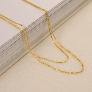 Duo Twist Chain Necklace by Caitlyn Minimalist Layered Necklace Set with Snake Chain, Singapore Chain Minimalist Choker Necklace NR066 image 2