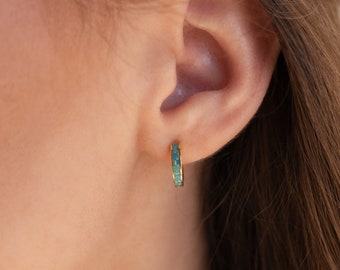 Green Opal Inlay Huggies by Caitlyn Minimalist • Everyday 8.5mm Hoop Earrings • Minimalist Opal Jewelry • Perfect Birthday Gift • ER349