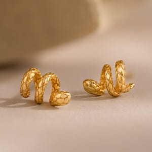 Op de afbeelding: Een paar goudkleurige oorknopjes in de vorm van een slang. De oorbellen hebben een textuur, schubachtig patroon en een gebogen ontwerp. De oorbellen worden gepresenteerd op een neutrale achtergrond.