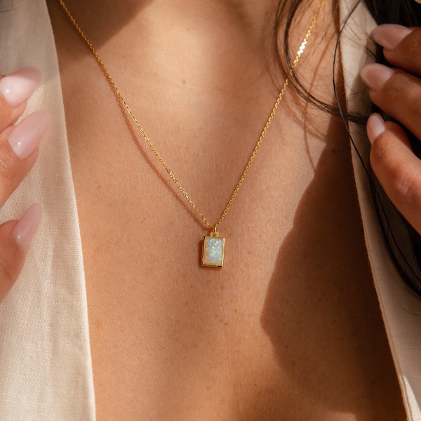 Opal Charm Necklace by CaitlynMinimalist • Dainty Pendant Necklace • Baguette Cut Gemstone Necklace • Opal Jewelry • Bridesmaid Gift • NR164