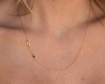 Sideways Initial Birthstone Necklace by Caitlyn Minimalist • Dainty Gemstone Letter Necklace, Personalized Birthday Gifts • NM84F77