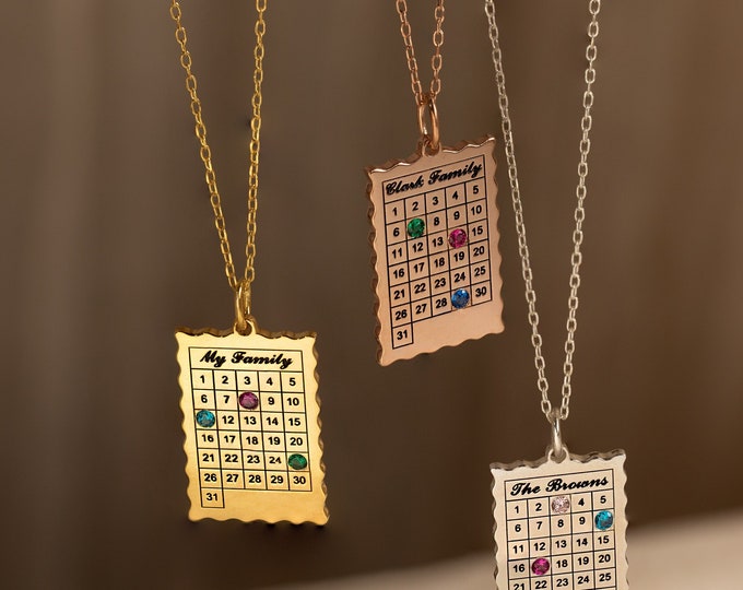 Collier calendrier avec pierre de naissance par Caitlyn minimaliste • Gravure d'anniversaire ou collier « Save the Date » • Cadeau d'anniversaire personnalisé • NM138F62