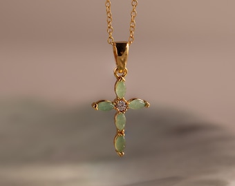 Marquise Jade Cross Necklace by Caitlyn Minimalist • Green Gemstone Pendant • Cross Charm Necklace • Religious Jewelry • Mom Gift • NR294
