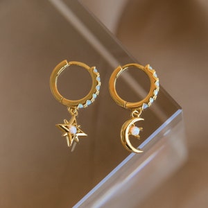 Opal Space Huggie Earrings by Caitlyn Minimalist Moon and Star Dangling Earrings Celestial Jewelry Best Friend Gift ER287 image 1