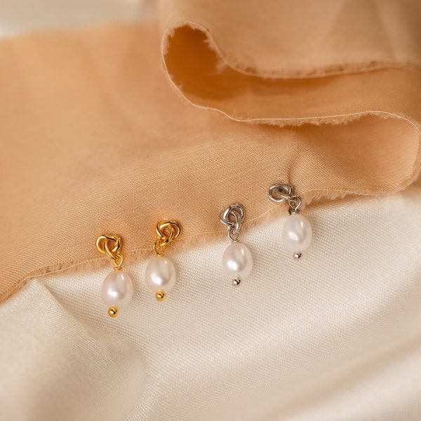 Pearl Knot Stud Earrings by Caitlyn Minimalist • Dangling Pearl Drop Earrings • Dainty Pearl Jewelry in Gold • Maid of Honor Gift • ER415