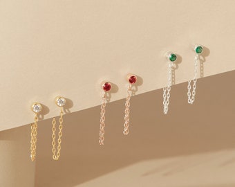 Pendientes de cadena con piedra de nacimiento en plata de ley, oro y oro rosa de Caitlyn Minimalist • Pendientes colgantes personalizados • Regalo de cumpleaños • CH53