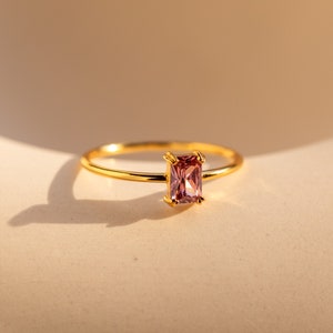 Pink Diamond Solitaire Ring by Caitlyn Minimalist • Vintage Style Birthstone Ring • Emerald Cut Gemstone Jewelry • Gift for Her • RR115