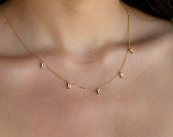 Baguette Diamond Station Necklace by Caitlyn Minimalist • Dainty Crystal Charm Necklace • Layering Pendant Necklace • Mom Gift • NR097