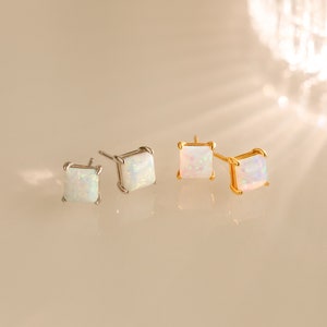 Princess Cut Opal Earrings by Caitlyn Minimalist Vintage Style Statement Stud Earrings Opal Gemstone Jewelry Birthday Gift ER418 image 3