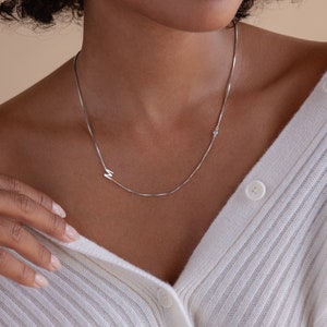 Initial Birthstone Necklace by Caitlyn Minimalist • Custom Letter Necklace in Box Chain • Dainty Jewelry • Anniversary Gift • NM125F77