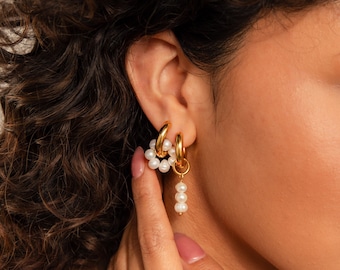 Mismatched Pearl Drop Earrings by Caitlyn Minimalist • Statement Pearl Hoops • Flower Earrings • Wedding Jewelry, Bridesmaid Gift • ER453