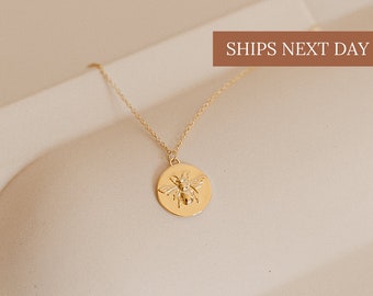 Bee Coin Pendant Necklace • Honey Bee Necklace • Bee Jewelry • Minimalist Coin Necklace • Bridesmaid Gifts • Gift for Her • NR022