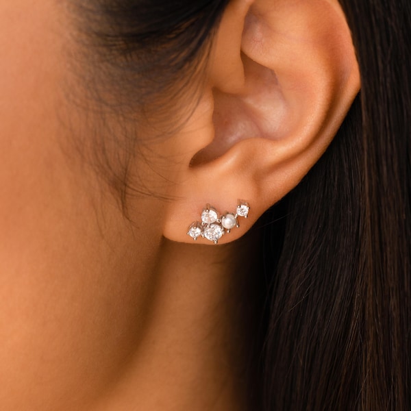 Cluster Diamond Earrings by Caitlyn Minimalist • Crystal Stud Earrings • Pearl Wedding Earrings • Silver Jewelry • Gift for Her • ER277