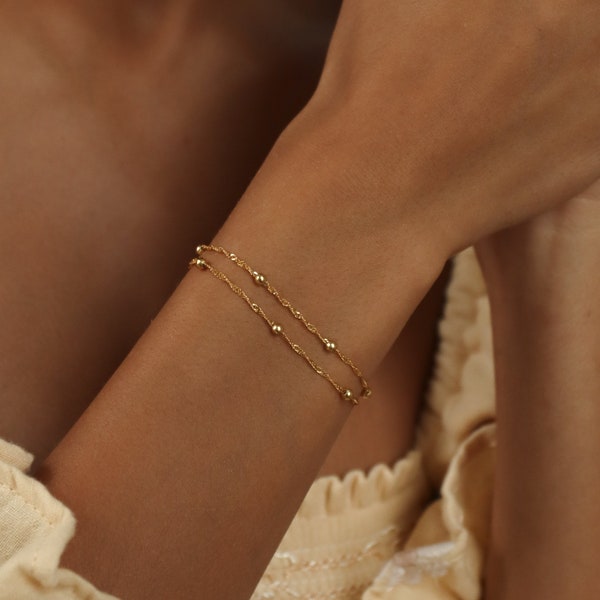 Duo-kralenketting van Caitlyn Minimalist • Sierlijke gouden armband • Fijne kralenkettingarmband • Verjaardagscadeaus voor vrouwen • BR016