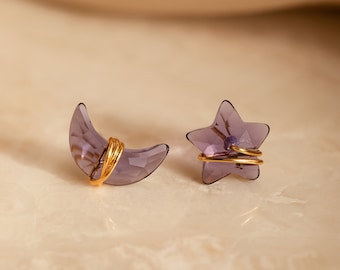 Amethyst Moon & Star Earrings by Caitlyn Minimalist • Mismatched Purple Quartz Stud Earrings • Celestial Jewelry • Baby Shower Gift • ER432