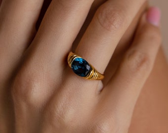 London Blue Topaz Ring by Caitlyn Minimalist • Minimalist Signet Cocktail Ring in Gold • Statement Gemstone Jewelry • Gift for Wife • RR124